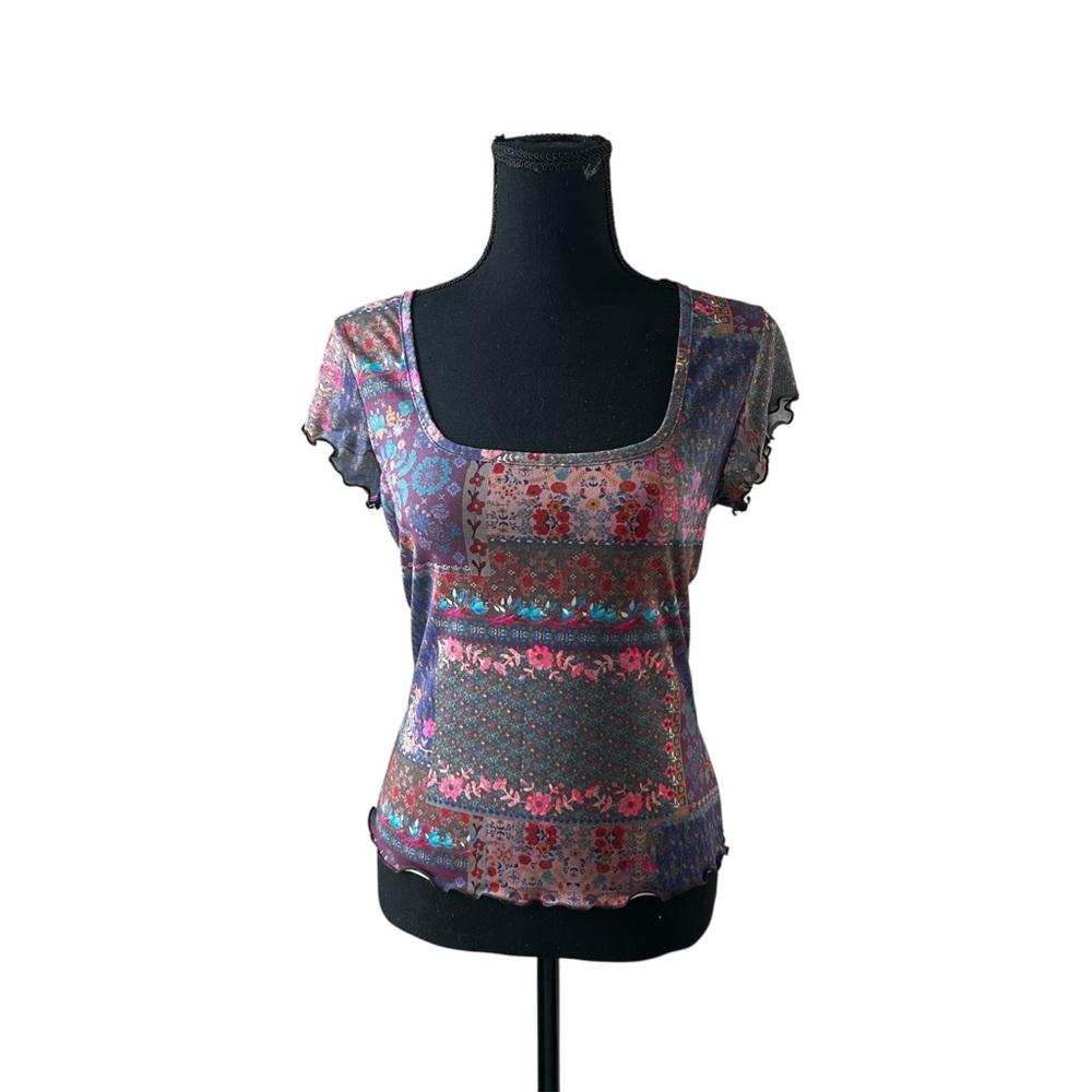 Micro Mesh Colorful Patchwork Short Sleeve Blouse Floral Women’s Medium Boho